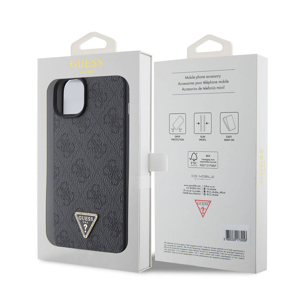 Guess iPhone 15 Plus Orjinal Lisanslı PU Deri Taşlı Üçgen Logo 4G Desenli Telefon Kılıfı - 14