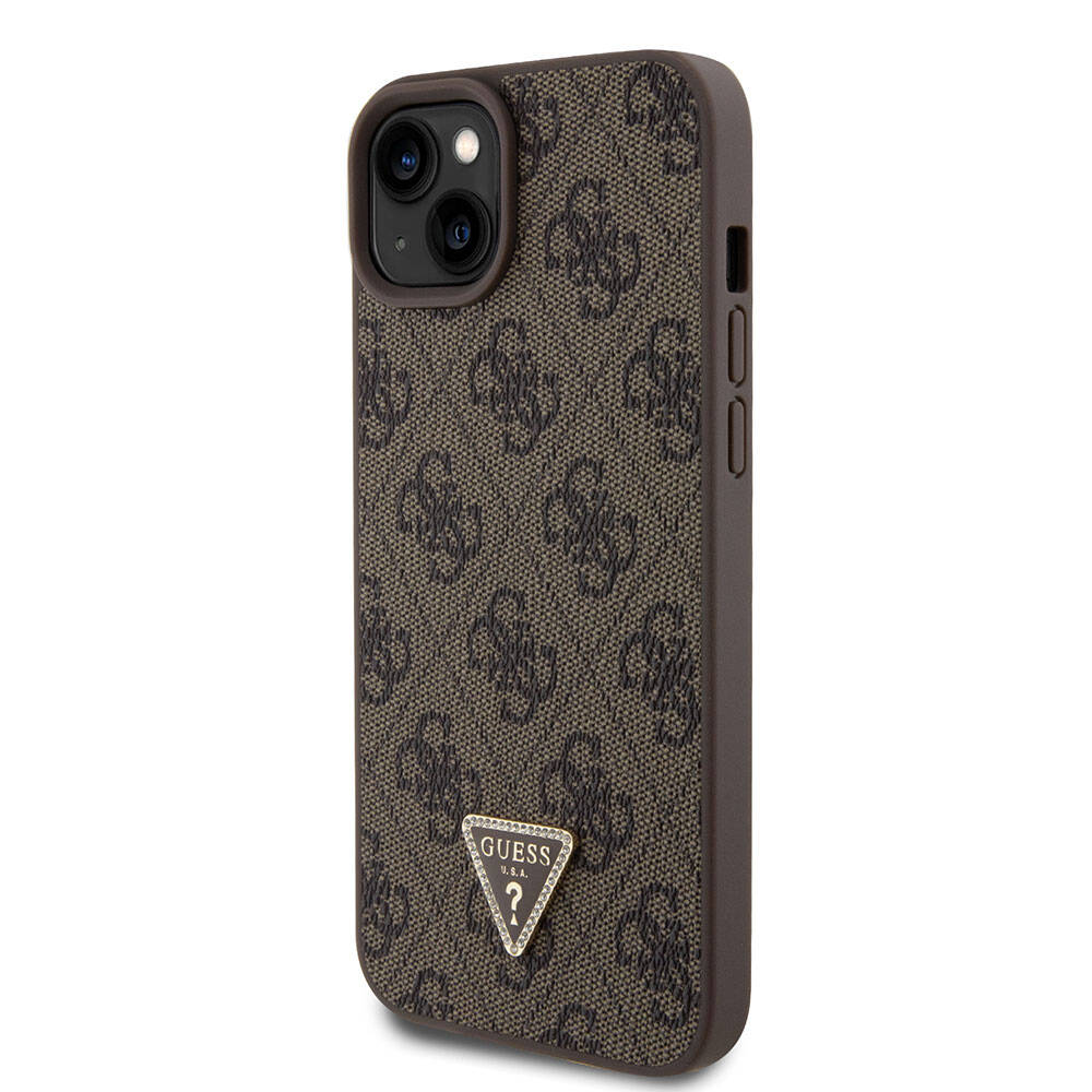 Guess iPhone 15 Plus Orjinal Lisanslı PU Deri Taşlı Üçgen Logo 4G Desenli Strass Telefon Kılıfı - 2