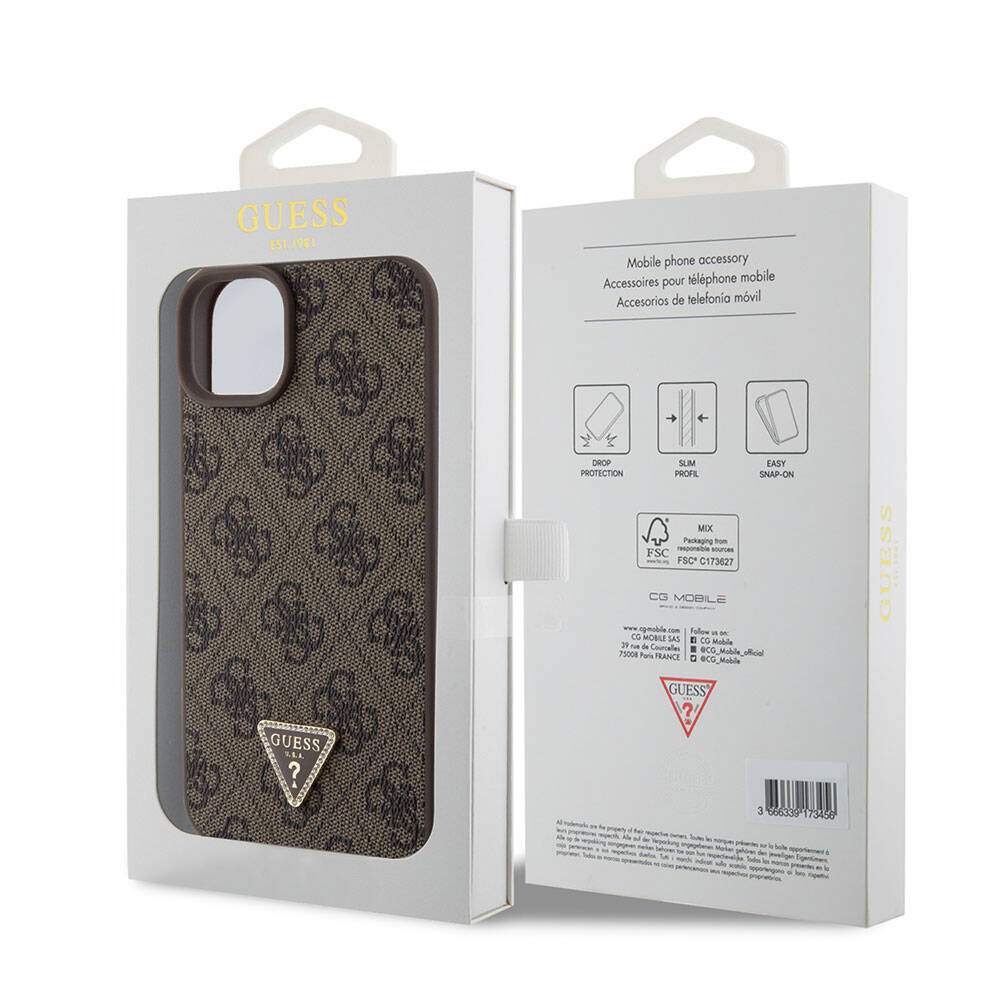 Guess iPhone 15 Plus Orjinal Lisanslı PU Deri Taşlı Üçgen Logo 4G Desenli Strass Telefon Kılıfı - 7