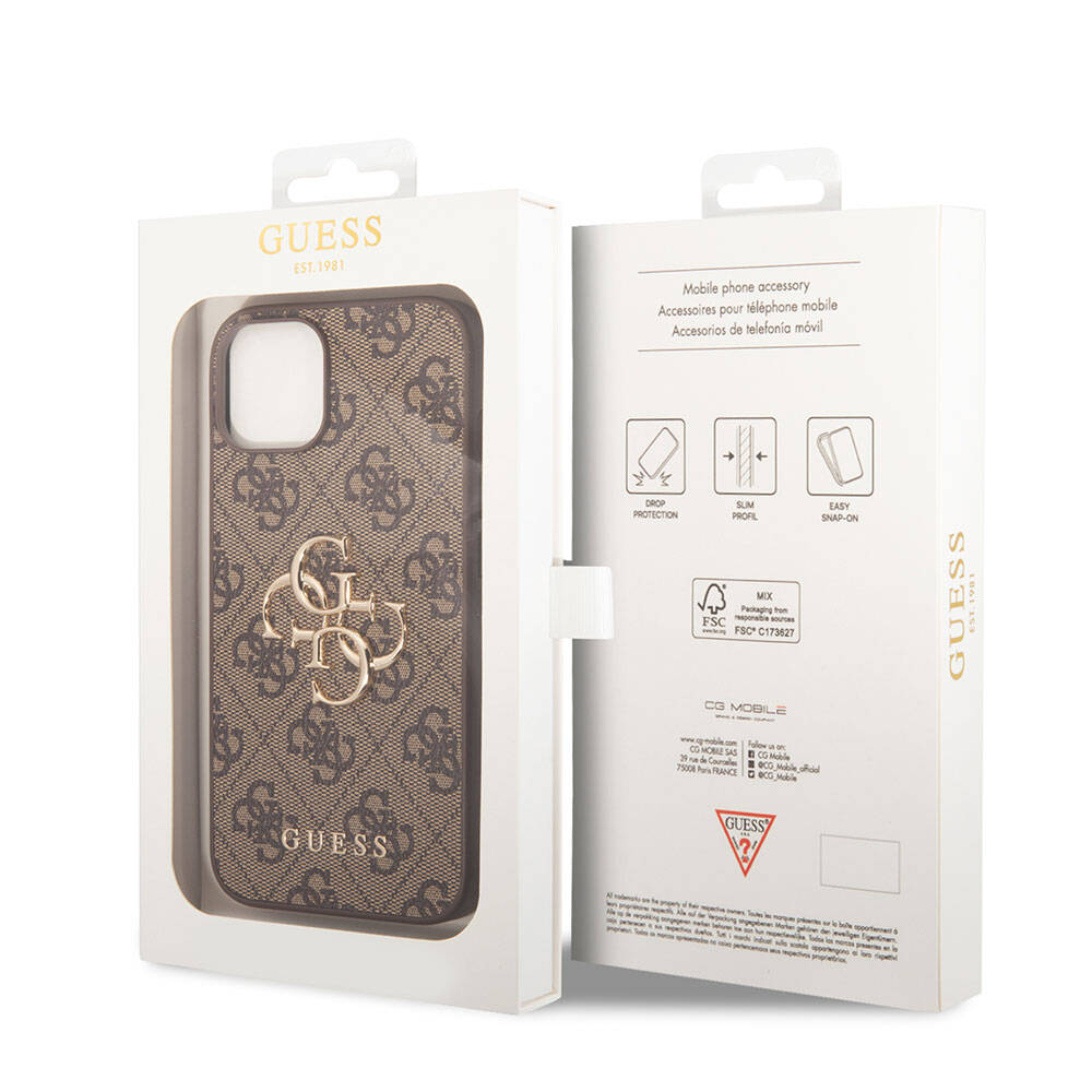 Guess iPhone 15 Plus Orjinal Lisanslı PU Deri Yazı ve 4G Metal Logolu Desenli Telefon Kılıfı - 14