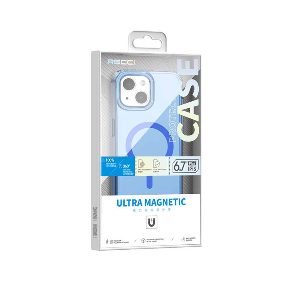 Recci Crystal Color Serisi iPhone 15 Plus M-safe Şarj Özellikli Saydam Arka Yüzey Kılıf