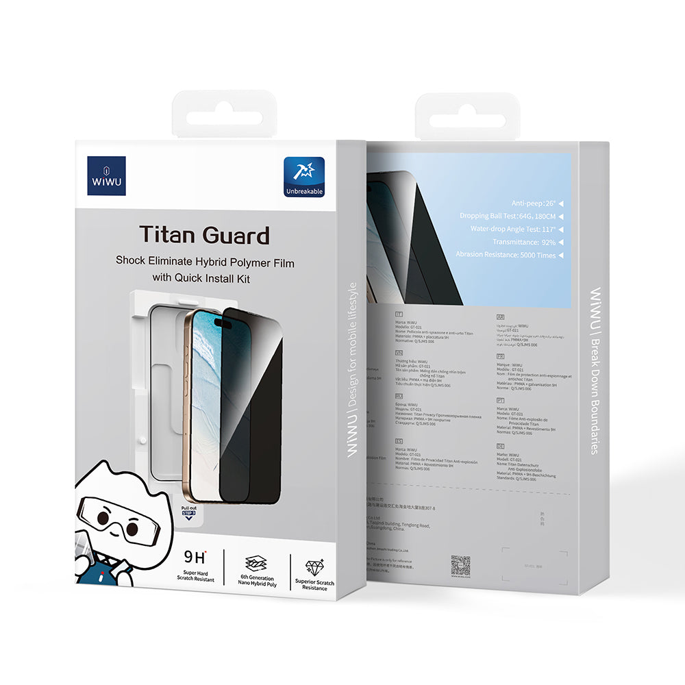 Wiwu GT-021 Titan Guard Serisi iPhone 15 Plus Şok Emici Hibrit Polimer Privacy Ekran Koruyucu Film + Kolay Uygulama Aparatı