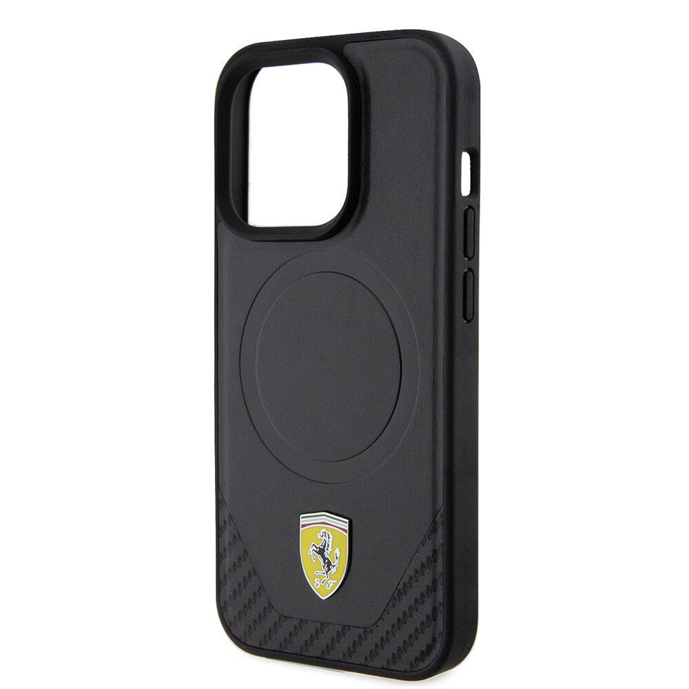 Ferrari iPhone 15 Pro Orjinal Lisanslı M-safe Şarj Özellikli Metal Logolu PU Karbon Kılıf
