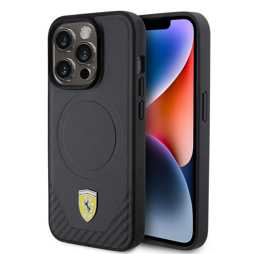 Ferrari iPhone 15 Pro Orjinal Lisanslı M-safe Şarj Özellikli Metal Logolu PU Karbon Kılıf