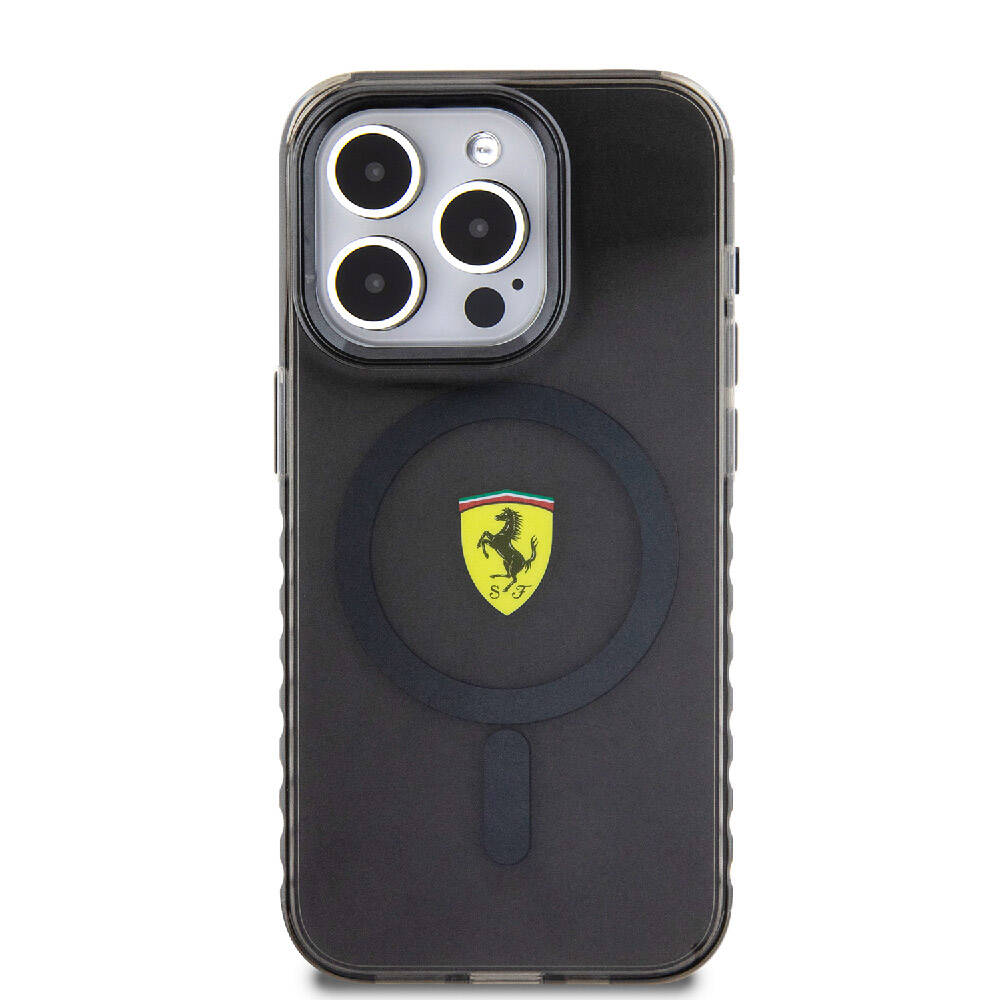 Ferrari iPhone 15 Pro Orjinal Lisanslı M-safe Şarj Özellikli Tırtıklı Kenar Tasarımlı Ortalanmış Logo Kılıf