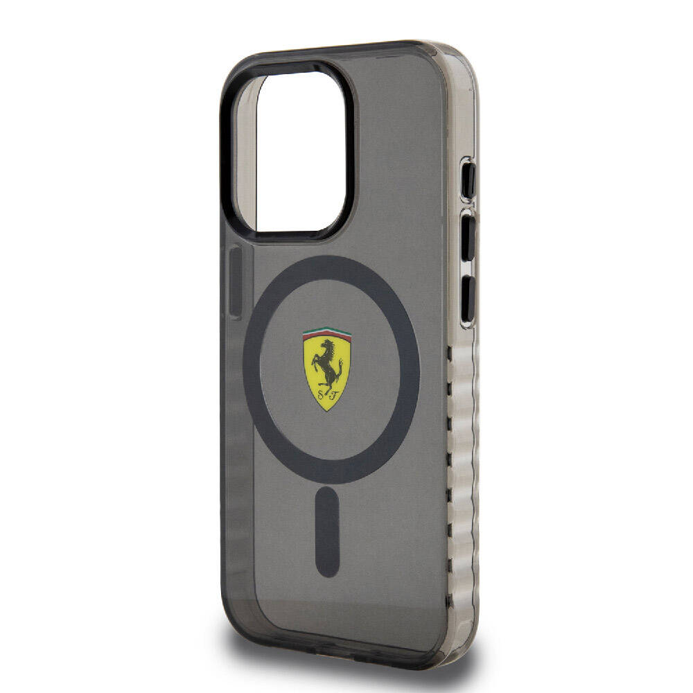 Ferrari iPhone 15 Pro Orjinal Lisanslı M-safe Şarj Özellikli Tırtıklı Kenar Tasarımlı Ortalanmış Logo Kılıf
