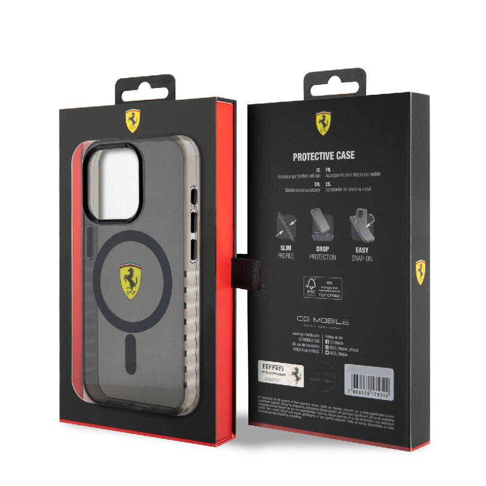 Ferrari iPhone 15 Pro Orjinal Lisanslı M-safe Şarj Özellikli Tırtıklı Kenar Tasarımlı Ortalanmış Logo Kılıf