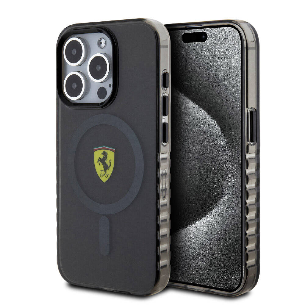 Ferrari iPhone 15 Pro Orjinal Lisanslı M-safe Şarj Özellikli Tırtıklı Kenar Tasarımlı Ortalanmış Logo Kılıf