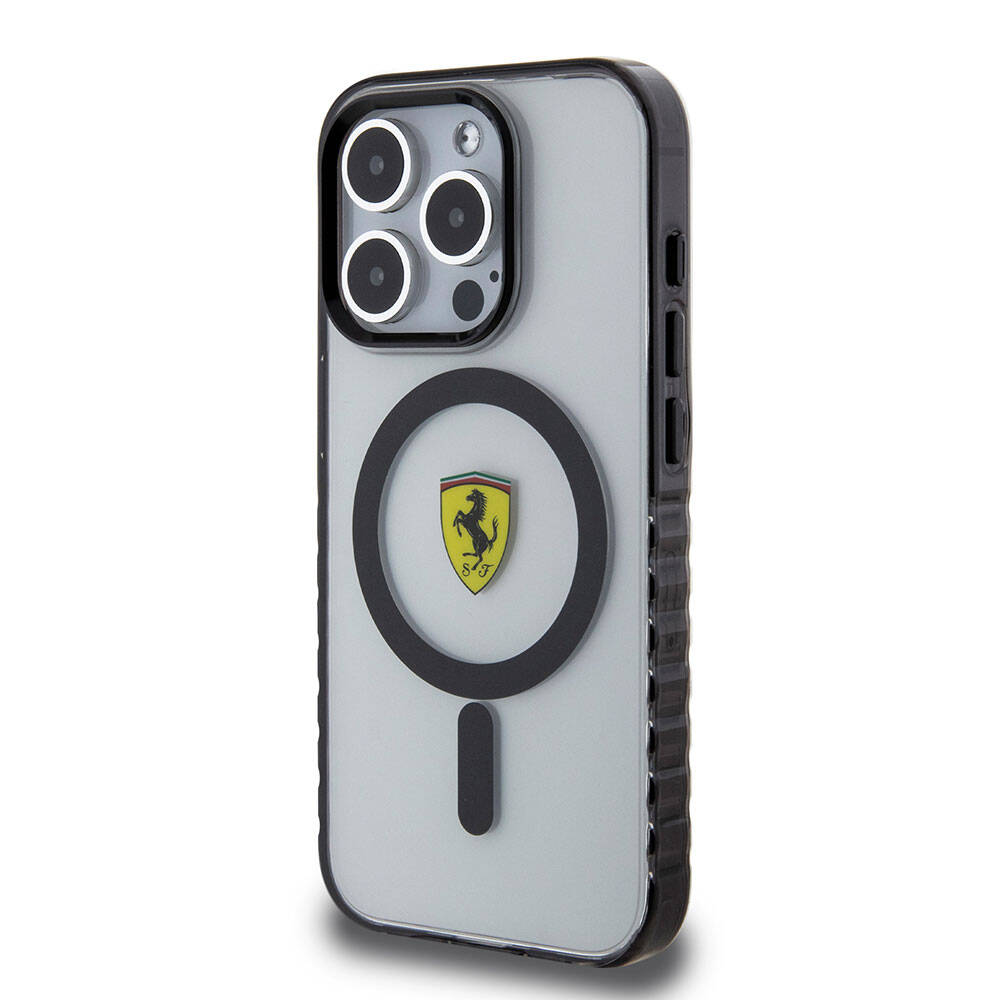 Ferrari iPhone 15 Pro Orjinal Lisanslı M-safe Şarj Özellikli Tırtıklı Kenar Tasarımlı Ortalanmış Logo Kılıf