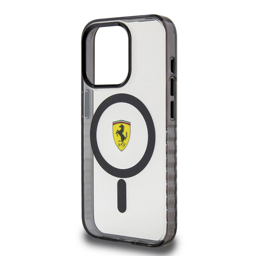 Ferrari iPhone 15 Pro Orjinal Lisanslı M-safe Şarj Özellikli Tırtıklı Kenar Tasarımlı Ortalanmış Logo Kılıf