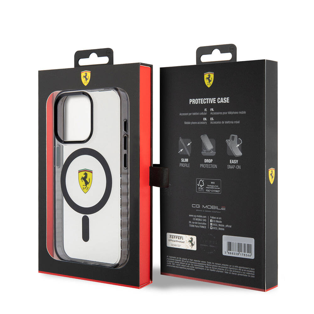Ferrari iPhone 15 Pro Orjinal Lisanslı M-safe Şarj Özellikli Tırtıklı Kenar Tasarımlı Ortalanmış Logo Kılıf