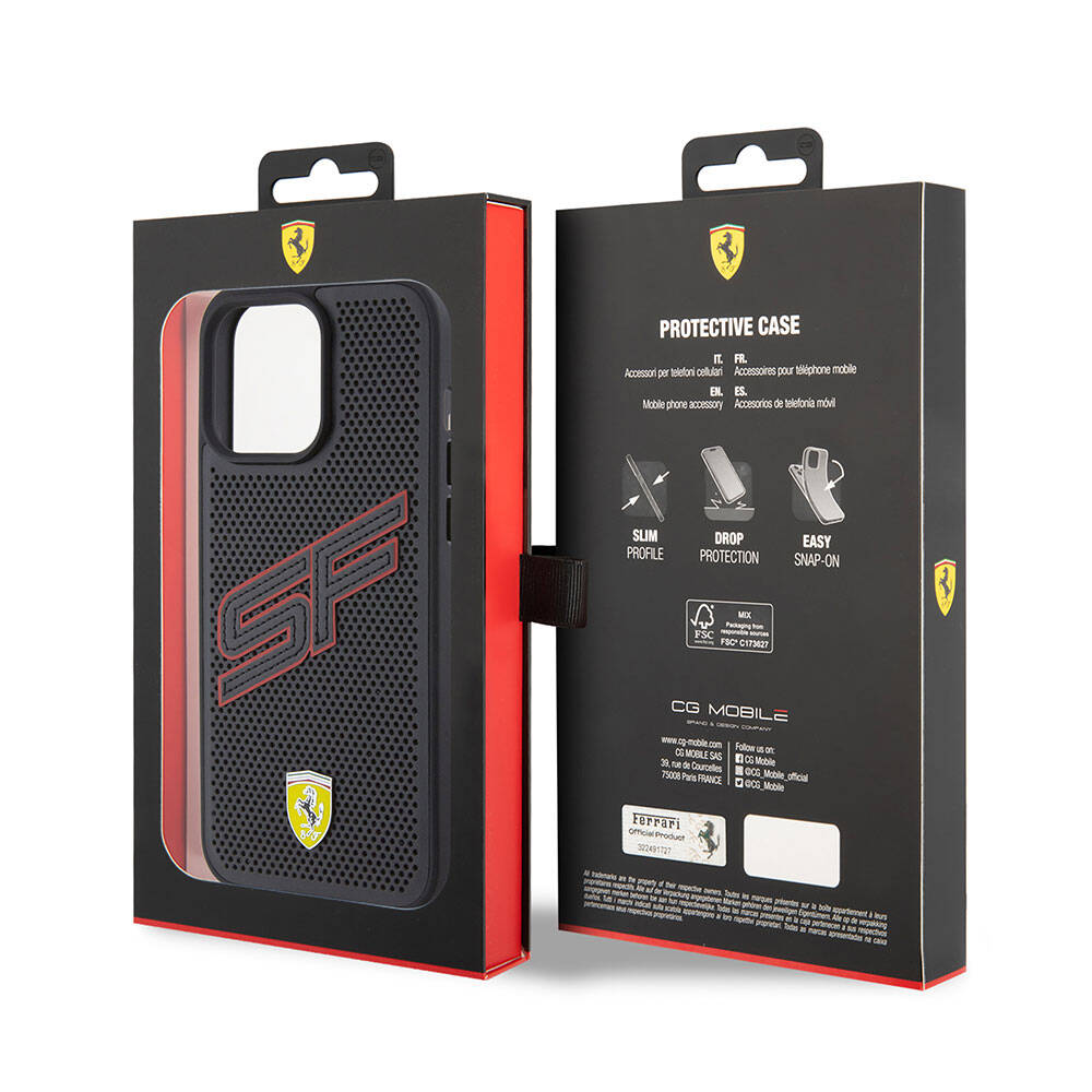 Ferrari iPhone 15 Pro Orjinal Lisanslı PU Delikli Arka Yüzey Metal Logolu Dikişli Büyük SF Yazılı Kılıf