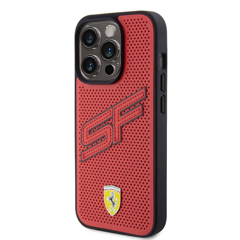 Ferrari iPhone 15 Pro Orjinal Lisanslı PU Delikli Arka Yüzey Metal Logolu Dikişli Büyük SF Yazılı Kılıf