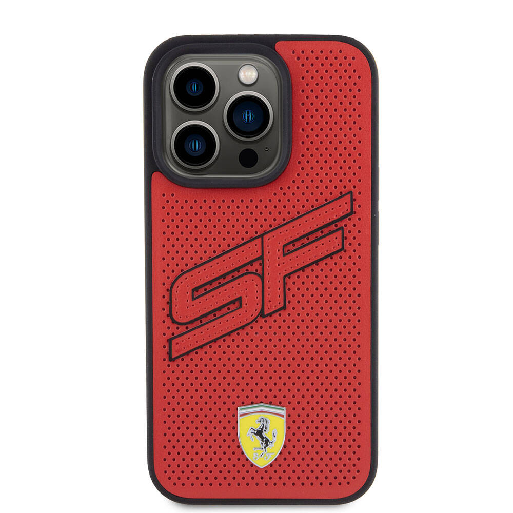 Ferrari iPhone 15 Pro Orjinal Lisanslı PU Delikli Arka Yüzey Metal Logolu Dikişli Büyük SF Yazılı Kılıf