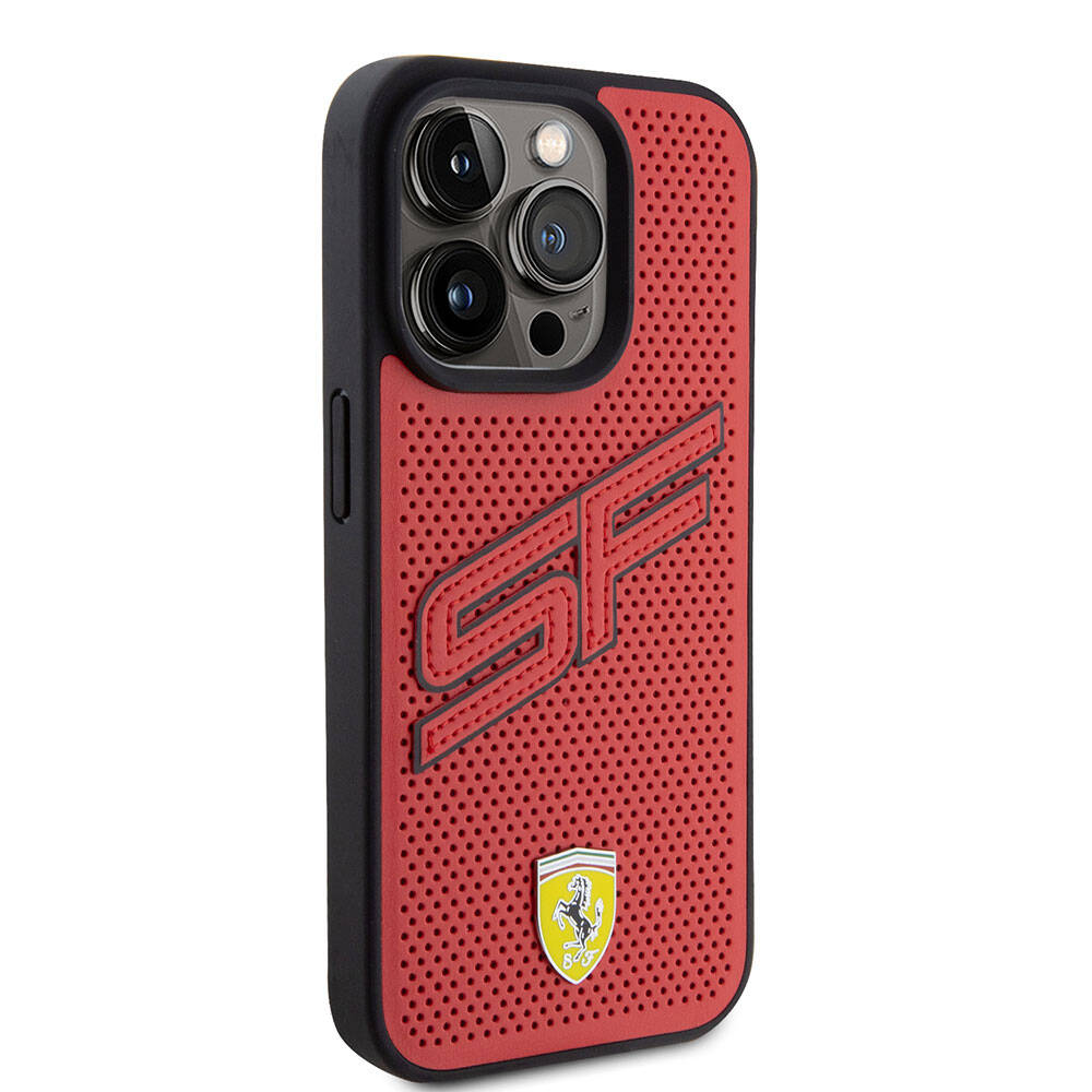Ferrari iPhone 15 Pro Orjinal Lisanslı PU Delikli Arka Yüzey Metal Logolu Dikişli Büyük SF Yazılı Kılıf