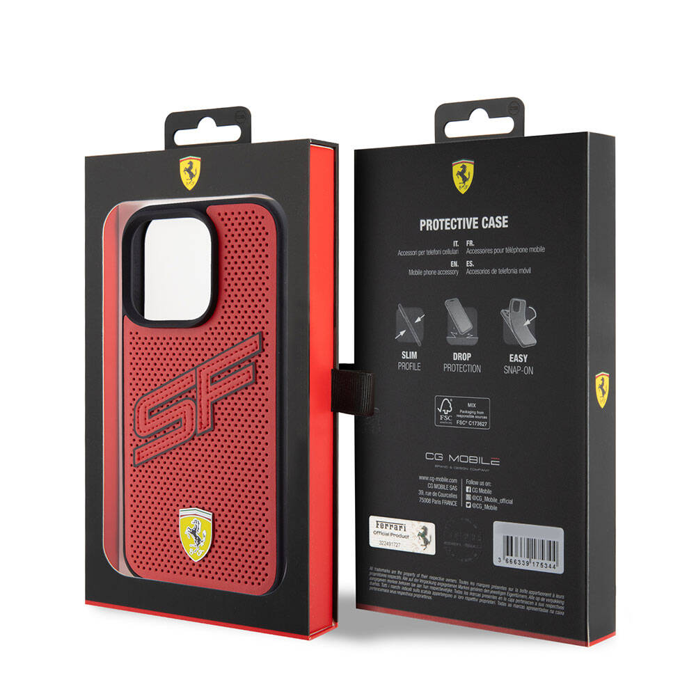 Ferrari iPhone 15 Pro Orjinal Lisanslı PU Delikli Arka Yüzey Metal Logolu Dikişli Büyük SF Yazılı Kılıf