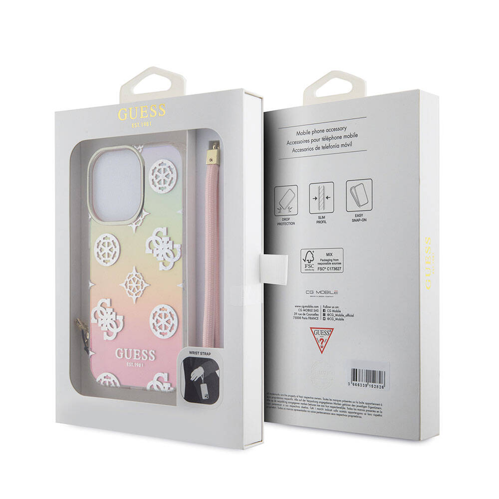 Guess iPhone 15 Pro Orjinal Lisanslı Desenli Yazı Logolu Askı İpli Holografik Glitter Peony Telefon Kılıfı - 6