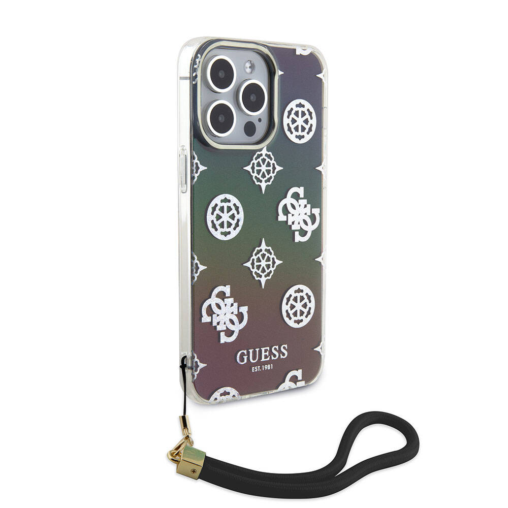 Guess iPhone 15 Pro Orjinal Lisanslı Desenli Yazı Logolu Askı İpli Holografik Glitter Peony Telefon Kılıfı - 8