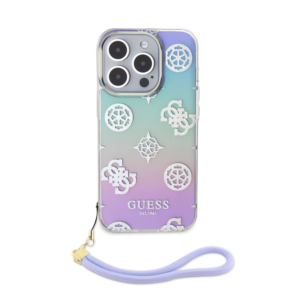 Guess iPhone 15 Pro Orjinal Lisanslı Desenli Yazı Logolu Askı İpli Holografik Glitter Peony Telefon Kılıfı - 13