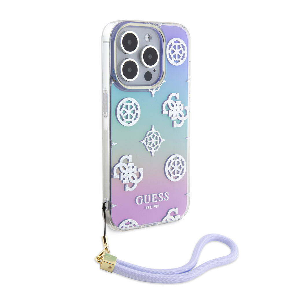 Guess iPhone 15 Pro Orjinal Lisanslı Desenli Yazı Logolu Askı İpli Holografik Glitter Peony Telefon Kılıfı - 14