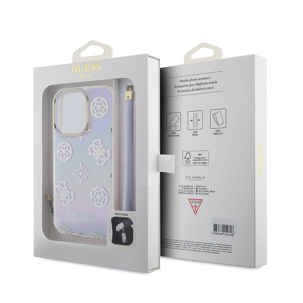 Guess iPhone 15 Pro Orjinal Lisanslı Desenli Yazı Logolu Askı İpli Holografik Glitter Peony Telefon Kılıfı - 18