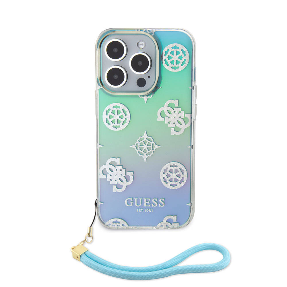 Guess iPhone 15 Pro Orjinal Lisanslı Desenli Yazı Logolu Askı İpli Holografik Glitter Peony Telefon Kılıfı - 19