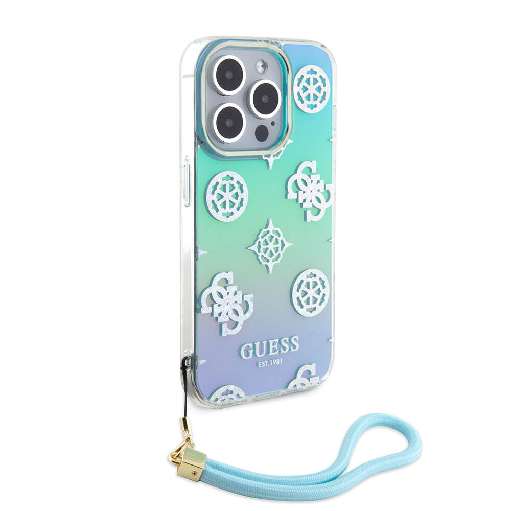 Guess iPhone 15 Pro Orjinal Lisanslı Desenli Yazı Logolu Askı İpli Holografik Glitter Peony Telefon Kılıfı - 20