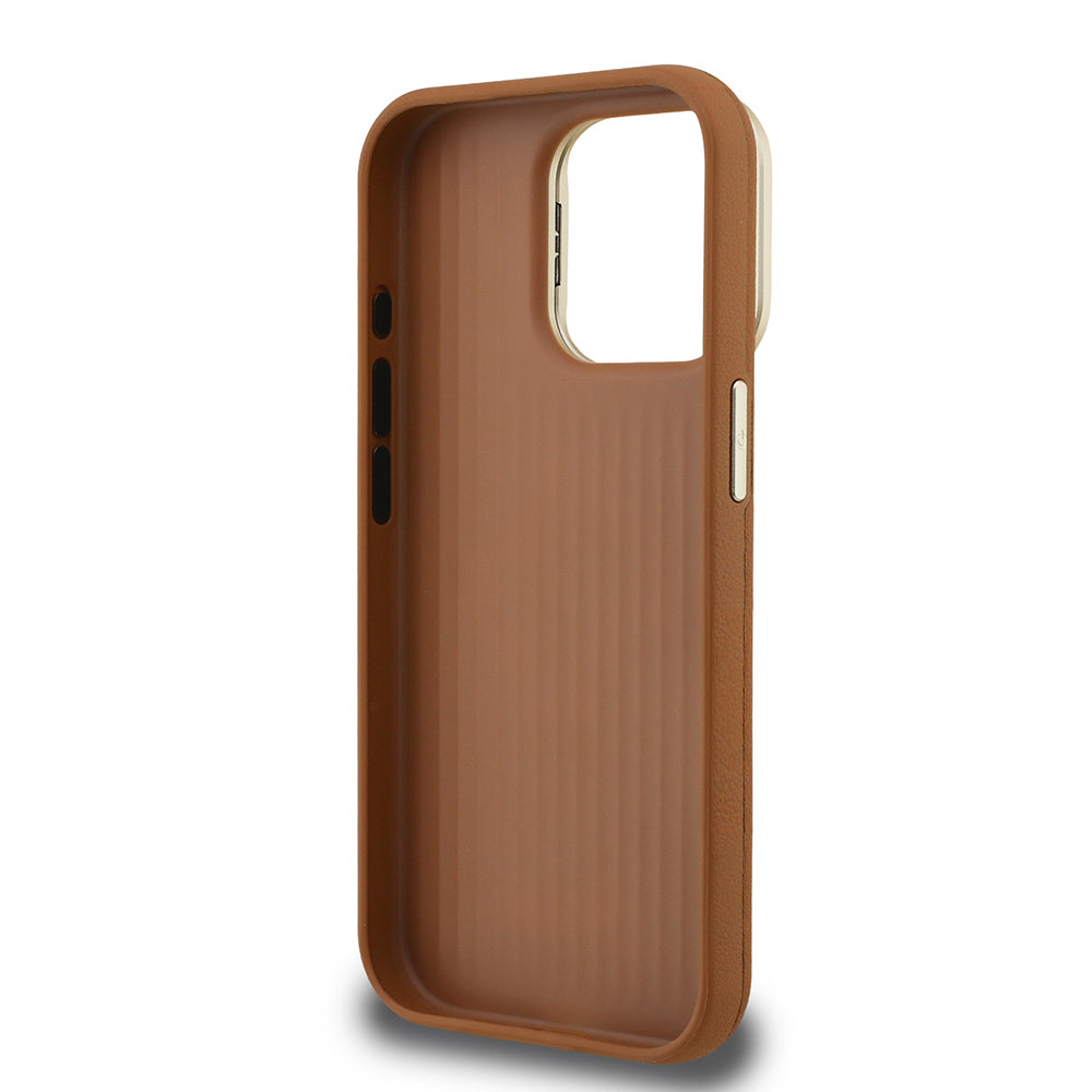 Guess iPhone 15 Pro Orjinal Lisanslı Grained Yazı Logolu Kamera Standlı Kılıf