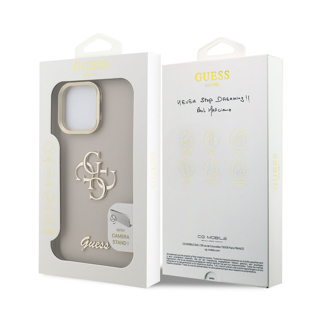 Guess iPhone 15 Pro Orjinal Lisanslı Grained Yazı Logolu Kamera Standlı Kılıf