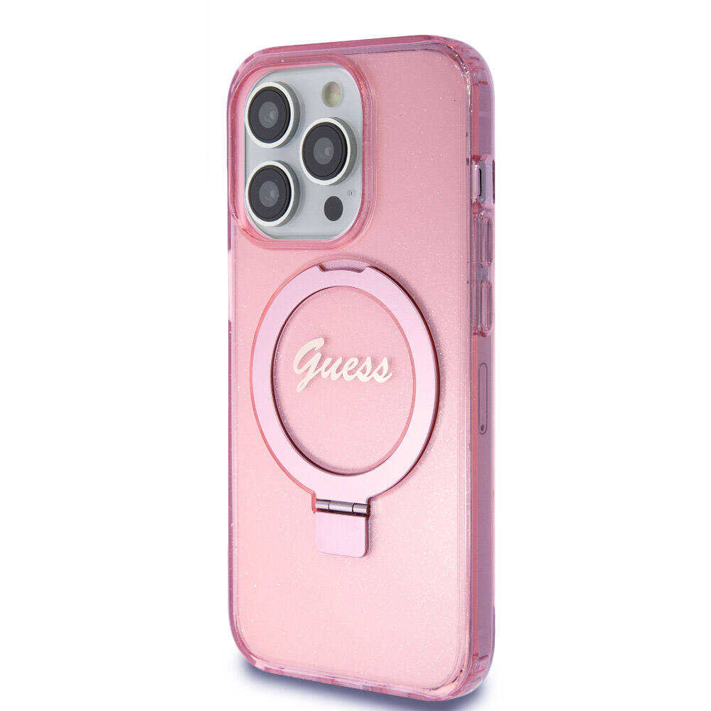 Guess iPhone 15 Pro Orjinal Lisanslı Magsafe Şarj Özellikli Simli Arka Yüzey Ring Standlı Telefon Kılıfı - 16
