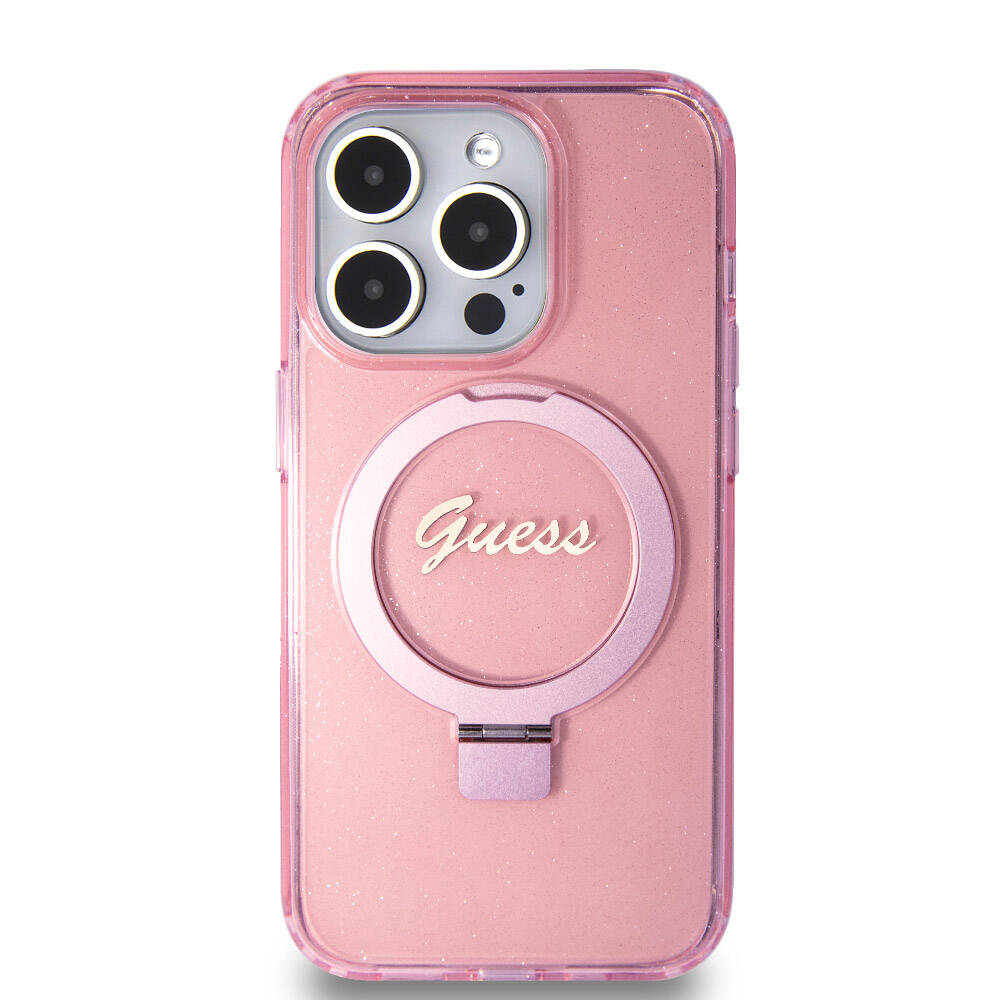 Guess iPhone 15 Pro Orjinal Lisanslı Magsafe Şarj Özellikli Simli Arka Yüzey Ring Standlı Telefon Kılıfı - 17
