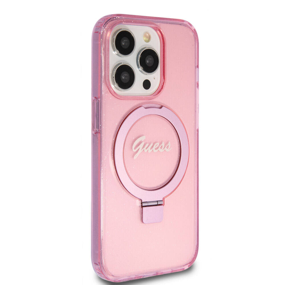 Guess iPhone 15 Pro Orjinal Lisanslı Magsafe Şarj Özellikli Simli Arka Yüzey Ring Standlı Telefon Kılıfı - 18