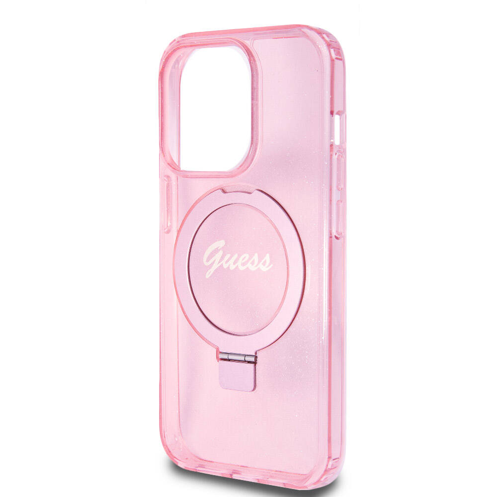 Guess iPhone 15 Pro Orjinal Lisanslı Magsafe Şarj Özellikli Simli Arka Yüzey Ring Standlı Telefon Kılıfı - 20