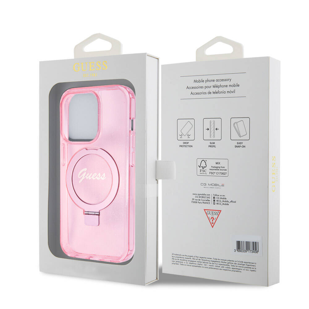 Guess iPhone 15 Pro Orjinal Lisanslı Magsafe Şarj Özellikli Simli Arka Yüzey Ring Standlı Telefon Kılıfı - 22