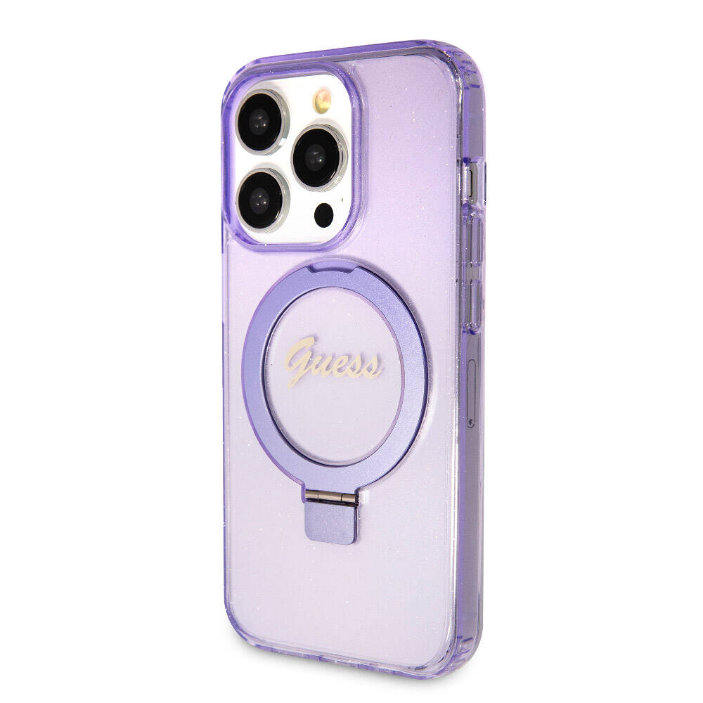 Guess iPhone 15 Pro Orjinal Lisanslı Magsafe Şarj Özellikli Simli Arka Yüzey Ring Standlı Telefon Kılıfı - 23