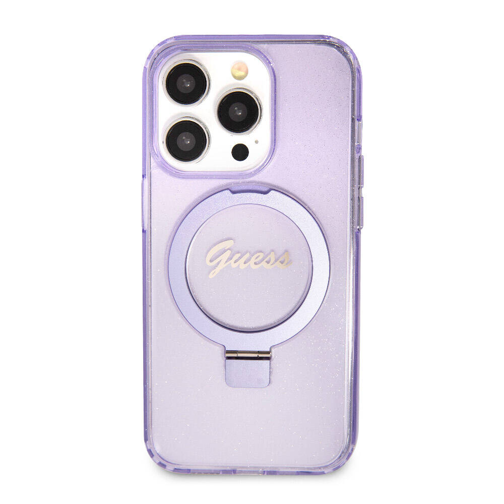 Guess iPhone 15 Pro Orjinal Lisanslı Magsafe Şarj Özellikli Simli Arka Yüzey Ring Standlı Telefon Kılıfı - 24