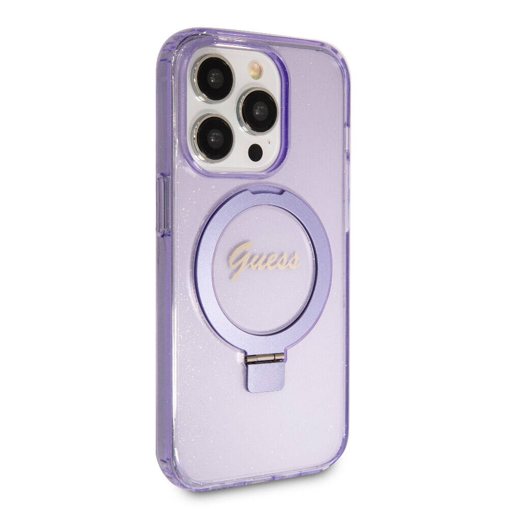 Guess iPhone 15 Pro Orjinal Lisanslı Magsafe Şarj Özellikli Simli Arka Yüzey Ring Standlı Telefon Kılıfı - 25