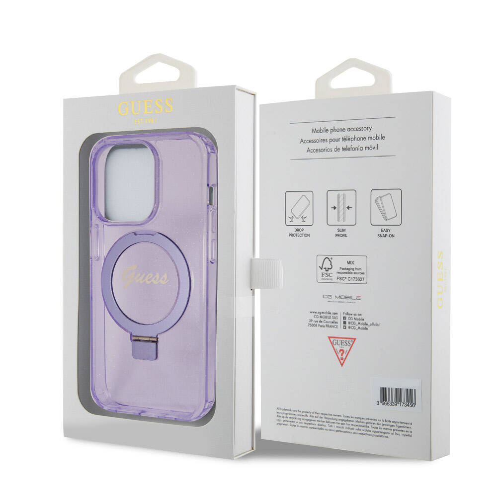 Guess iPhone 15 Pro Orjinal Lisanslı Magsafe Şarj Özellikli Simli Arka Yüzey Ring Standlı Telefon Kılıfı - 29