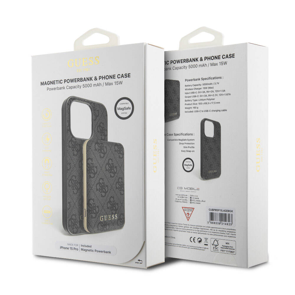 Guess iPhone 15 Pro Orjinal Lisanslı Magsafe Şarj Özellikli Yazı Logolu 4G Desenli Telefon Kılıfı + Powerbank 5000mAh 2in1 Set - 12