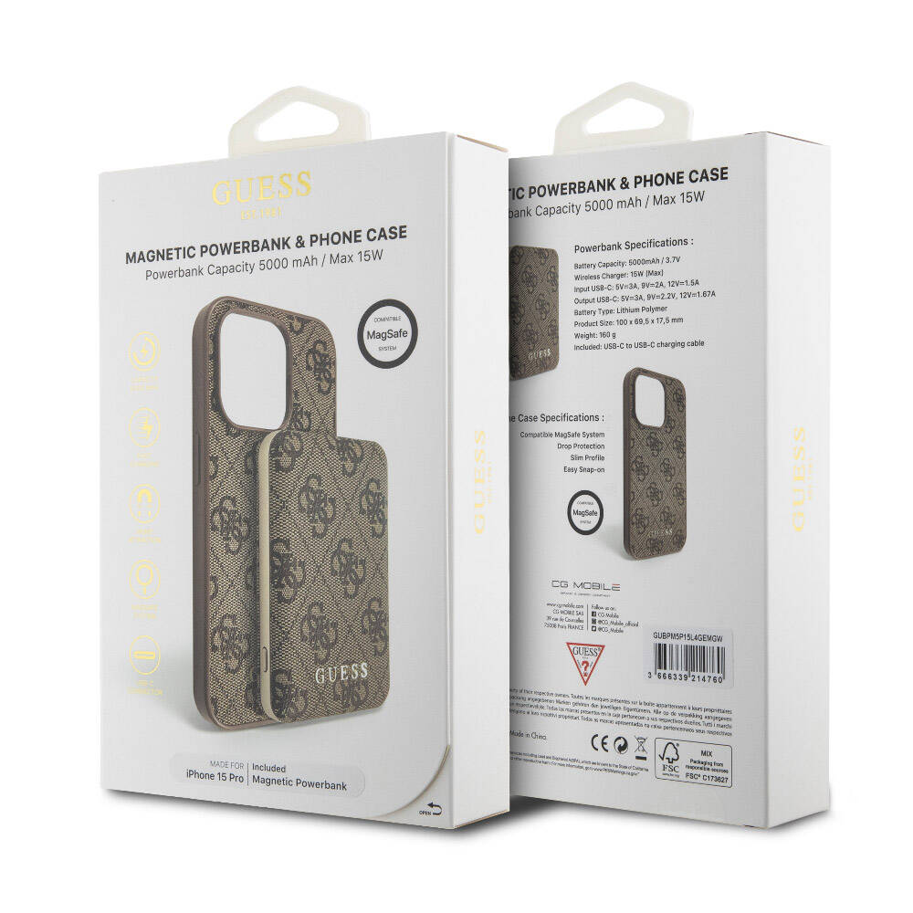 Guess iPhone 15 Pro Orjinal Lisanslı Magsafe Şarj Özellikli Yazı Logolu 4G Desenli Telefon Kılıfı + Powerbank 5000mAh 2in1 Set - 23