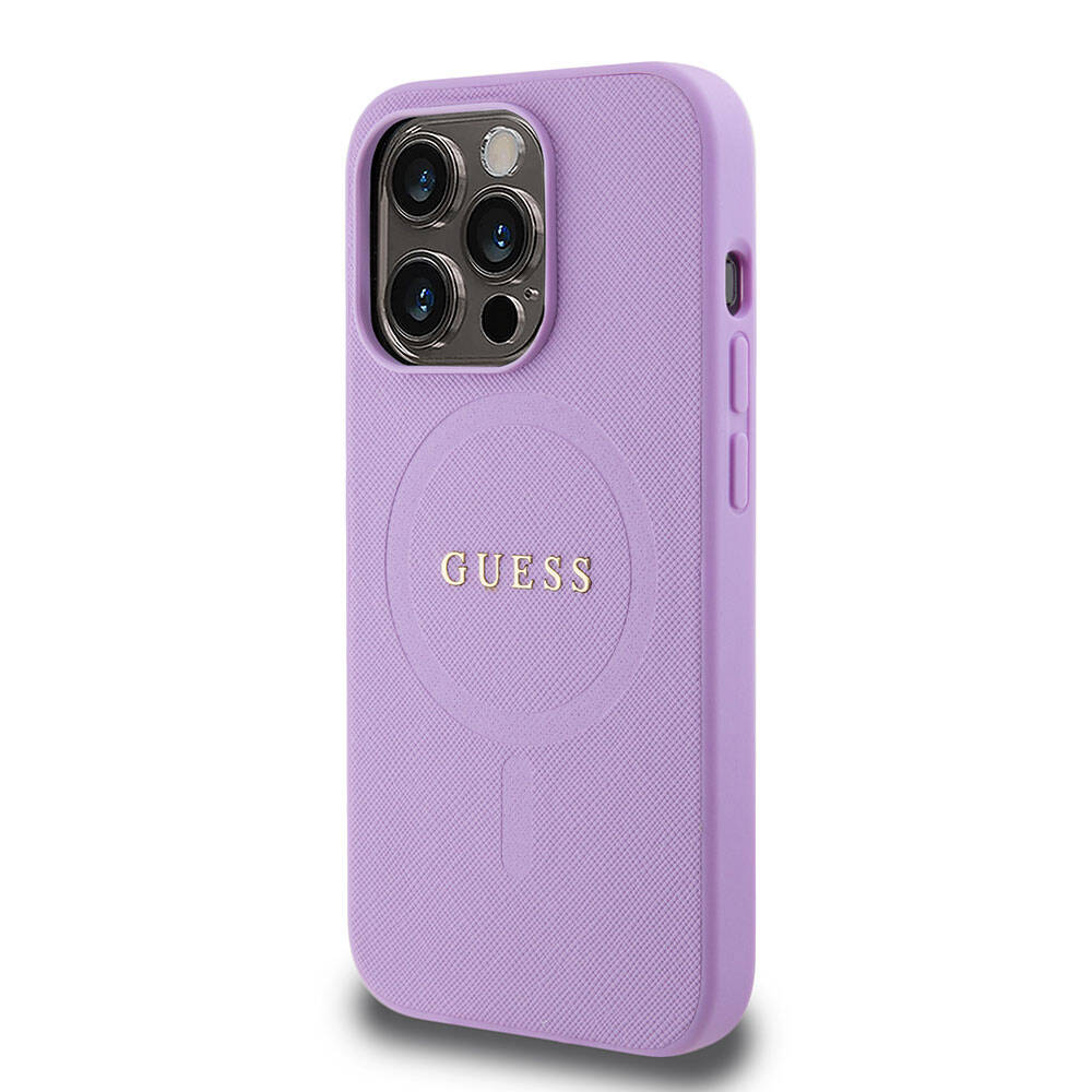 Guess iPhone 15 Pro Orjinal Lisanslı M-safe Şarj Özellikli Yazı Logolu Saffiano Kılıf
