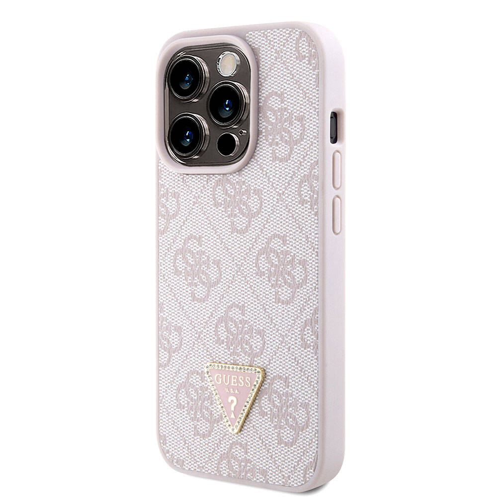 Guess iPhone 15 Pro Orjinal Lisanslı PU Deri Askılı Taşlı Üçgen Logo 4G Desenli Strass Crossbody Telefon Kılıfı - 2