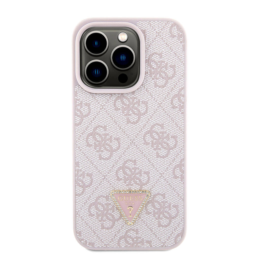 Guess iPhone 15 Pro Orjinal Lisanslı PU Deri Askılı Taşlı Üçgen Logo 4G Desenli Strass Crossbody Telefon Kılıfı - 3