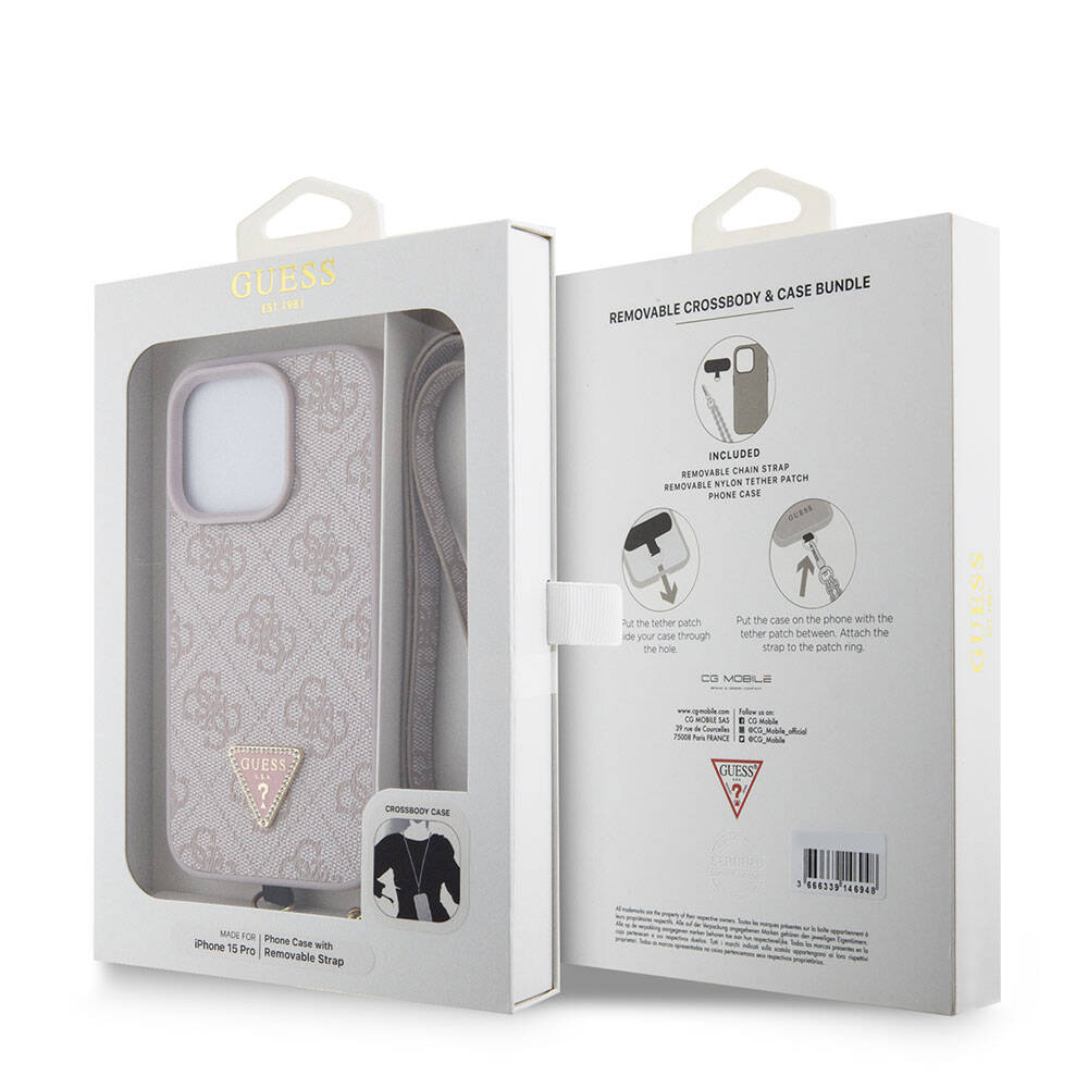 Guess iPhone 15 Pro Orjinal Lisanslı PU Deri Askılı Taşlı Üçgen Logo 4G Desenli Strass Crossbody Telefon Kılıfı - 8