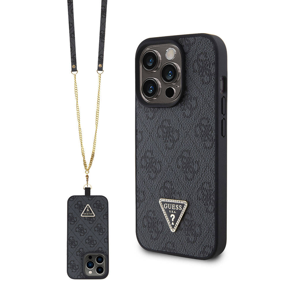 Guess iPhone 15 Pro Orjinal Lisanslı PU Deri Askılı Taşlı Üçgen Logo 4G Desenli Strass Crossbody Telefon Kılıfı - 9