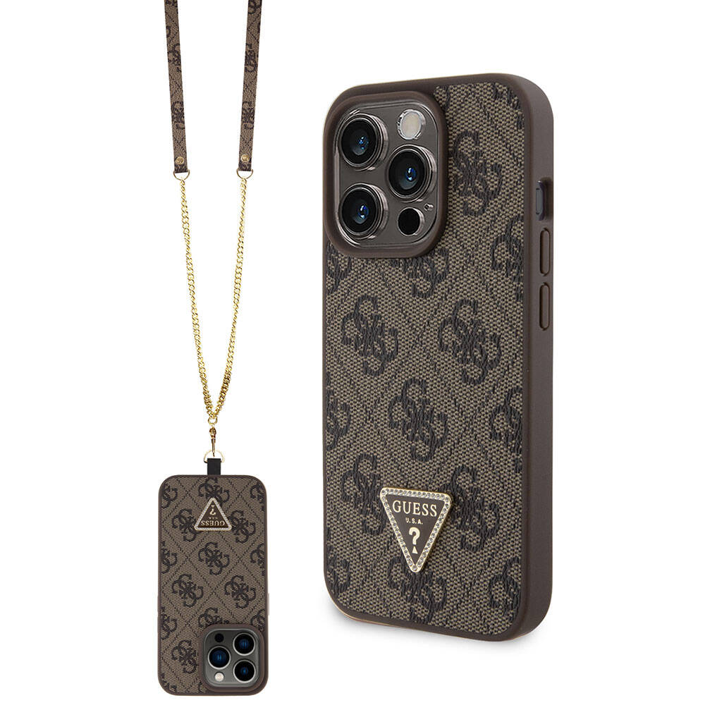 Guess iPhone 15 Pro Orjinal Lisanslı PU Deri Askılı Taşlı Üçgen Logo 4G Desenli Strass Crossbody Telefon Kılıfı - 17