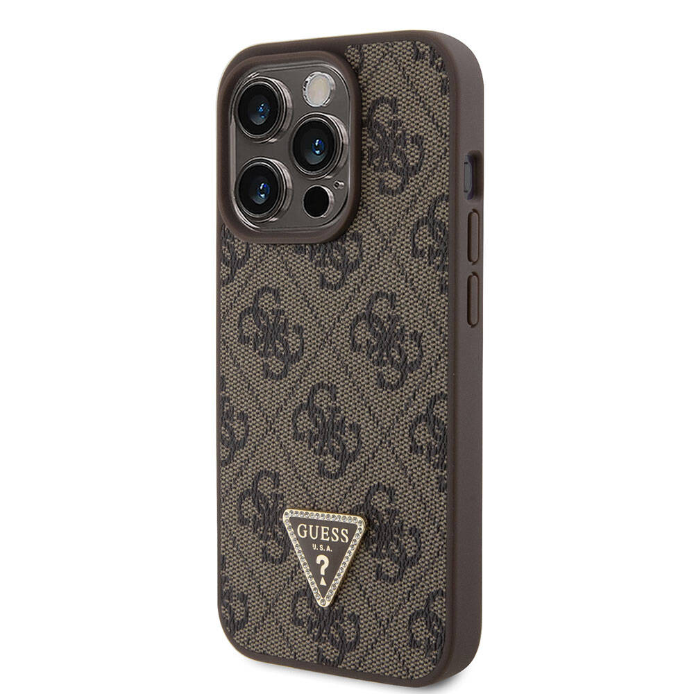 Guess iPhone 15 Pro Orjinal Lisanslı PU Deri Askılı Taşlı Üçgen Logo 4G Desenli Strass Crossbody Telefon Kılıfı - 18