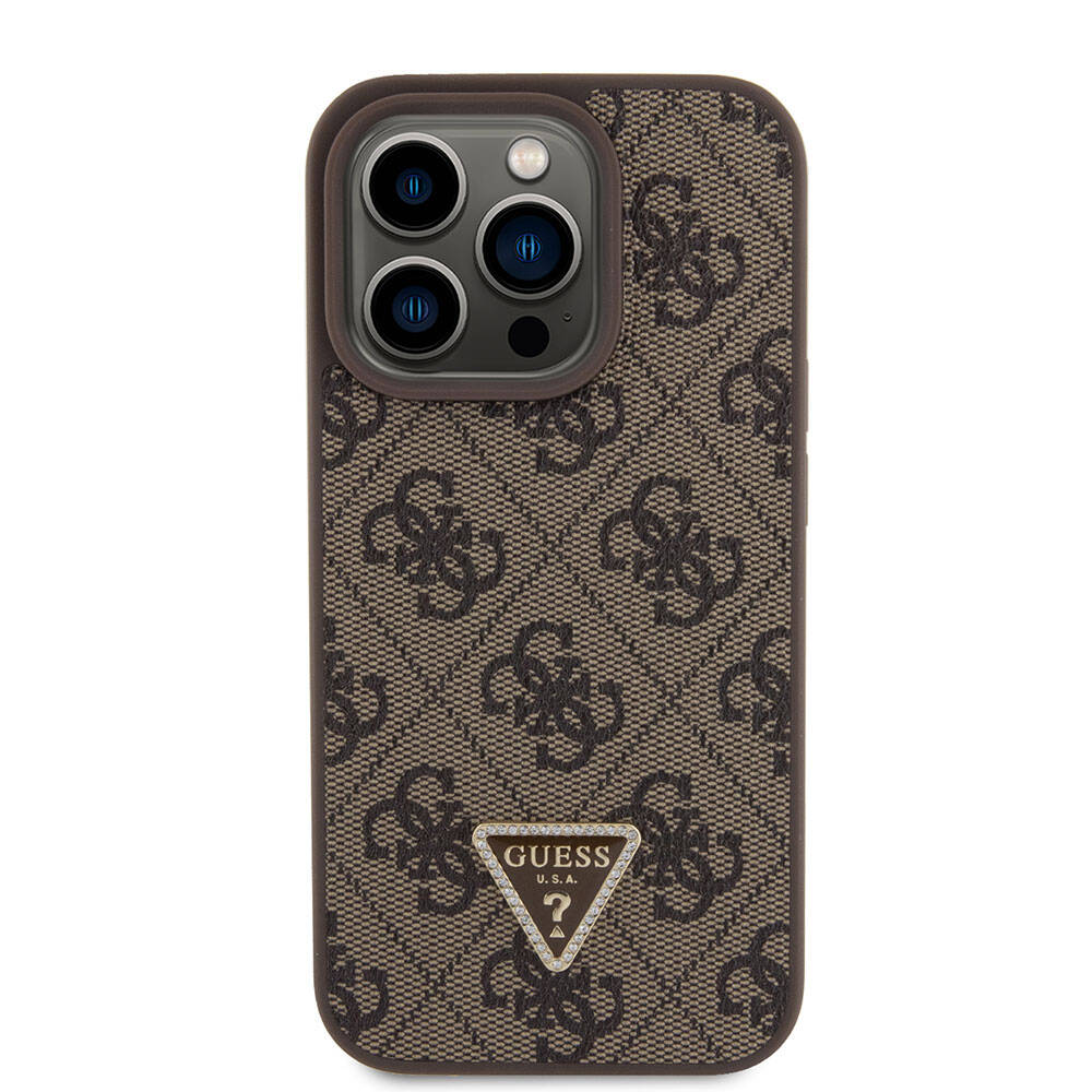 Guess iPhone 15 Pro Orjinal Lisanslı PU Deri Askılı Taşlı Üçgen Logo 4G Desenli Strass Crossbody Telefon Kılıfı - 19