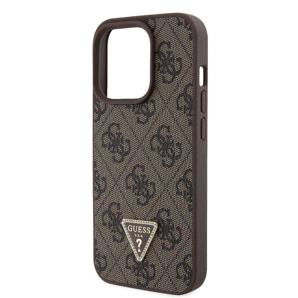 Guess iPhone 15 Pro Orjinal Lisanslı PU Deri Askılı Taşlı Üçgen Logo 4G Desenli Strass Crossbody Telefon Kılıfı - 21
