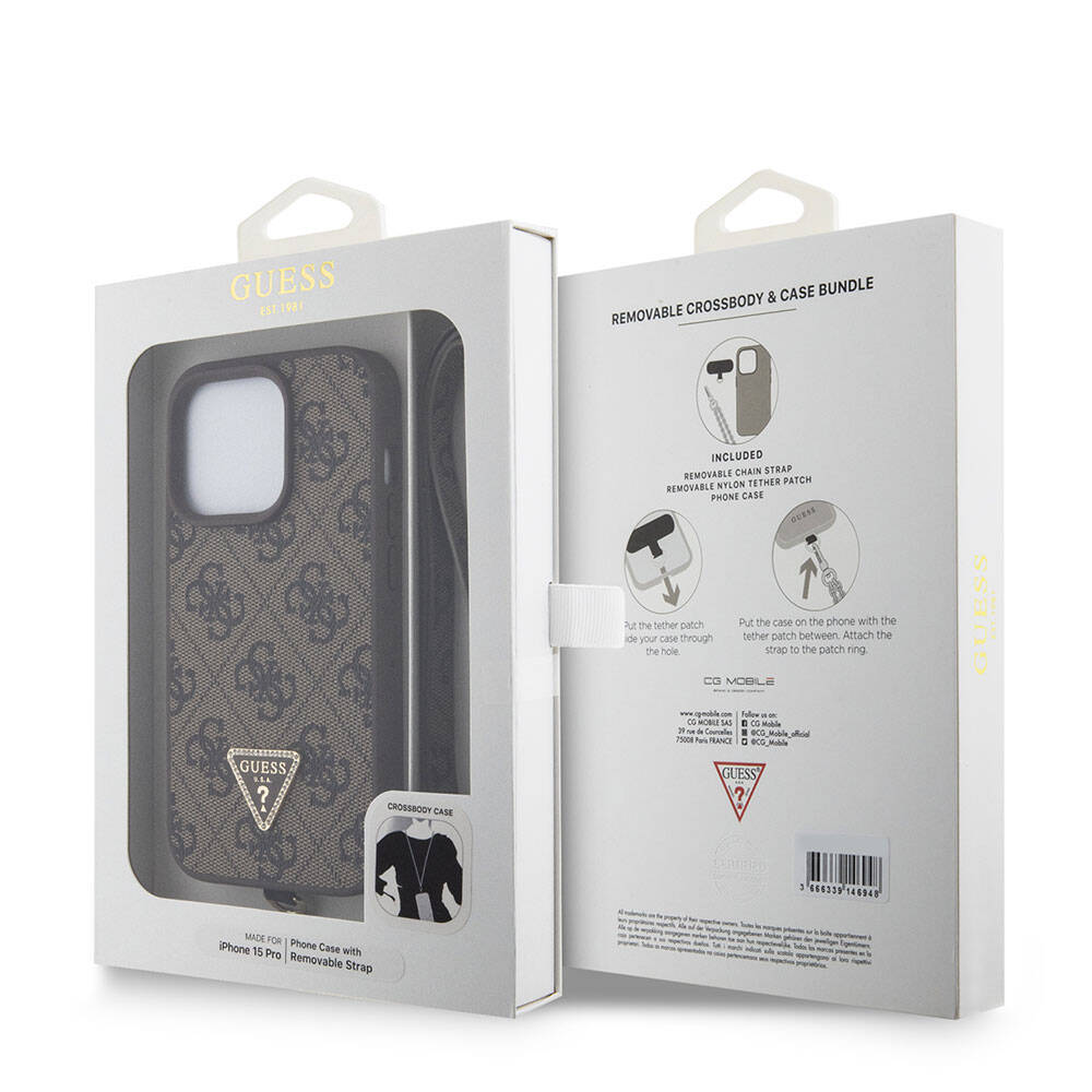 Guess iPhone 15 Pro Orjinal Lisanslı PU Deri Askılı Taşlı Üçgen Logo 4G Desenli Strass Crossbody Telefon Kılıfı - 24